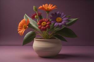 Flowers in a pot on a solid color background. ai generative photo