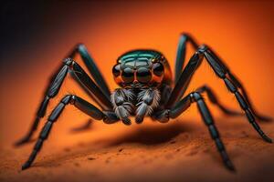 jumping spider closeup on solid color background, copyspace. ai generative photo