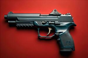 Semi-automatic handgun on a solid color background. Close-up. ai generative photo