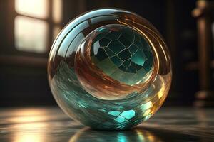 Transparent crystal ball on a wooden table. ai generative photo