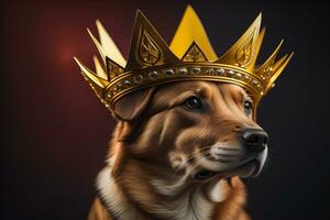 Portrait of a cute dog in a golden crown on a solid color background. ai generative photo