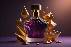 Creative and brandless Perfume bottle and flower on the wooden table, closeup. ai generative photo