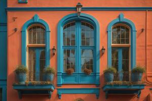 Colorful windows of a typical house in the city, ai generative photo