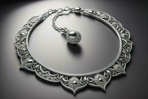 Silver necklace on a solid color background in close-up. ai generative photo