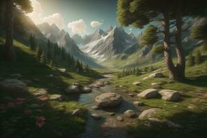 Beautiful fantasy landscape with a river in the mountains. ai generative photo