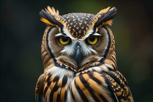 Owl with yellow eyes on a solid background. ai generative photo