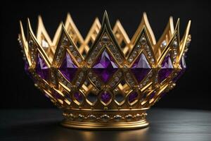 low key image of beautiful golden queen, king crown. ai generative photo