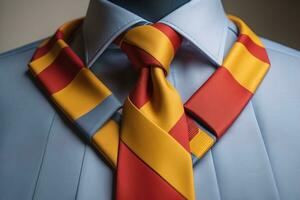 a necktie on a wooden background with reflection. ai generative photo