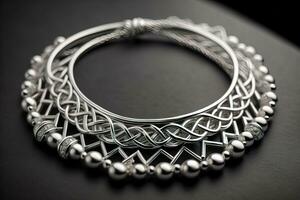 Silver necklace on a solid color background in close-up. ai generative photo
