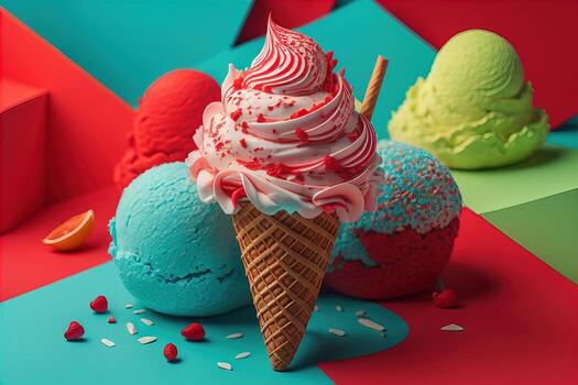 Ice cream in waffle cone on blue background, top view, flat lay. ai generative photo