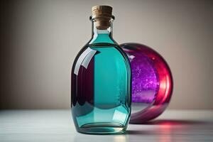 botella con un líquido en un sólido color antecedentes. ai generativo foto