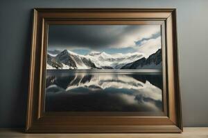Glass picture frame on a solid color background. ai generative photo
