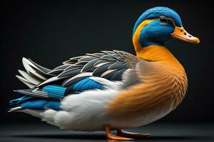 Beautiful duck on a solid color background. ai generative photo
