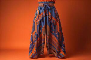 Young woman in traditional thai costume standing on the floor against solid color background. ai generative photo