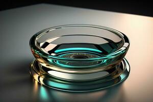 Empty glossy transparent ashtray on a dark background. ai generative photo