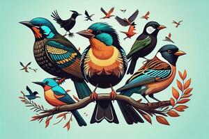 Vector illustration of a group of colorful birds sitting on a branch. ai generative photo