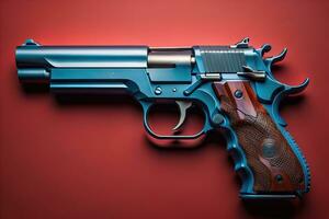 Semi-automatic handgun on a solid color background. Close-up. ai generative photo