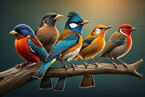 Vector illustration of a group of colorful birds sitting on a branch. ai generative photo