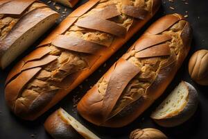 Freshly baked sweet buns on a red background. Toned. ai generative photo