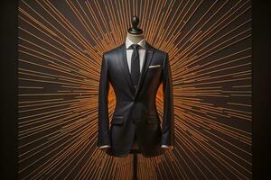 Stylish suits on mannequins on solid color background, closeup. ai generative photo