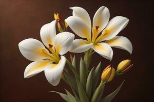 ramo de flores de azafrán y tulipanes en sólido color antecedentes. ai generativo foto