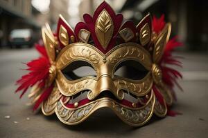 Venetian carnival mask with golden ornament on a solid color background. ai generative photo