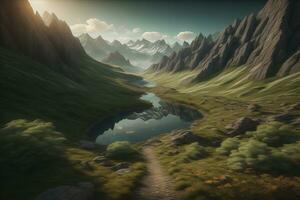 Beautiful fantasy landscape with a river in the mountains. ai generative photo