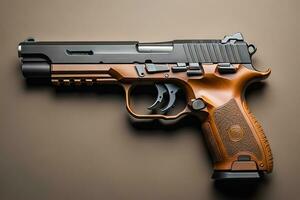 Semi-automatic handgun on a solid color background. Close-up. ai generative photo