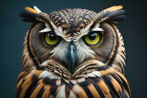 Owl with yellow eyes on a solid background. ai generative photo