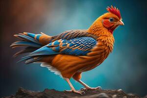 Colorful chicken on a solid color background, studio photo. ai generative photo