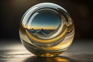 Transparent crystal ball on a wooden table. ai generative photo