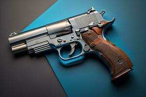 Semi-automatic handgun on a solid color background. Close-up. ai generative photo