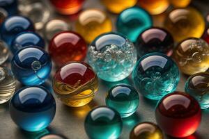 Colorful glass marbles on a the table. Selective focus. ai generative photo