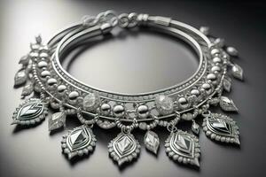Silver necklace on a solid color background in close-up. ai generative photo