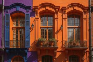 vistoso ventanas de un típico casa en el ciudad, ai generativo foto