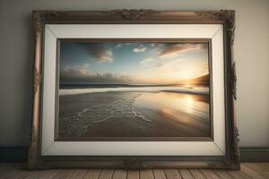 Wooden picture frame on the table. ai generative photo