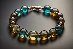 Bracelet with colorful stones on a black background close-up. ai generative photo