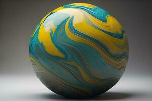 Colorful marble ball on a solid colour background. Close-up. ai generative photo