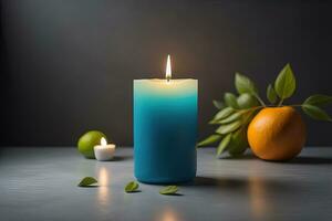 Burning aroma candle on wooden table against solid color background, copyspace. ai generative photo