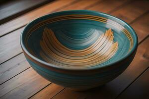 Empty wooden bowl on wooden background. Top view. Copy space. ai generative photo