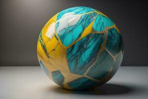 Colorful marble ball on a solid colour background. Close-up. ai generative photo