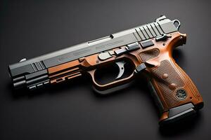 Semi-automatic handgun on a solid color background. Close-up. ai generative photo