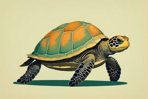 ilustración de un Tortuga en un verde antecedentes en dibujos animados estilo. ai generativo foto