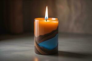 Creative burning candle on a wooden background. ai generative photo