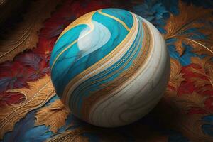 Colorful marble ball on a solid colour background. Close-up. ai generative photo