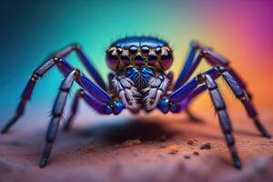 jumping spider closeup on solid color background, copyspace. ai generative photo