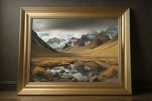 Glass picture frame on a solid color background. ai generative photo