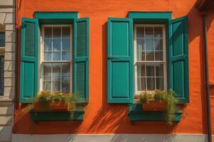 vistoso ventanas de un típico casa en el ciudad, ai generativo foto