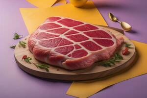 Raw beef sirloin steak with ingredients for cooking on wooden background. ai generative photo