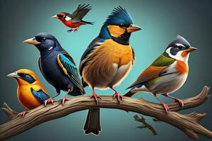 vector ilustración de un grupo de vistoso aves sentado en un rama. ai generativo foto